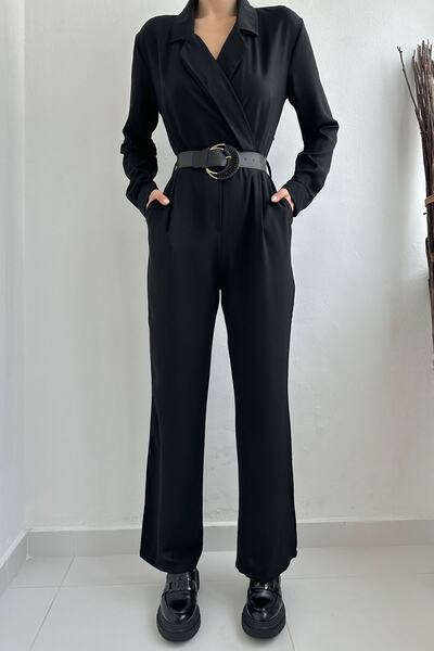 Seda Yalçın Atelier Black Double-Breasted Collar Design Belted Jumpsuit