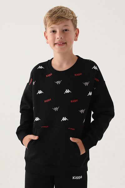 Kappa Black Printed Garnished Kangaroo Pocket Boy's Sweatshirt