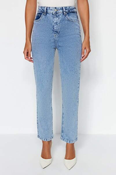 Trendyol Collection Blugi drepti confortabili cu talie inalta albastru deschis TWOAW24JE00097