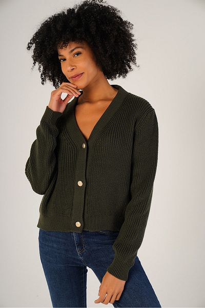 Trist Star Khaki Women's Thessaloniki Knitted V-Neck 100% Cotton Cardigan