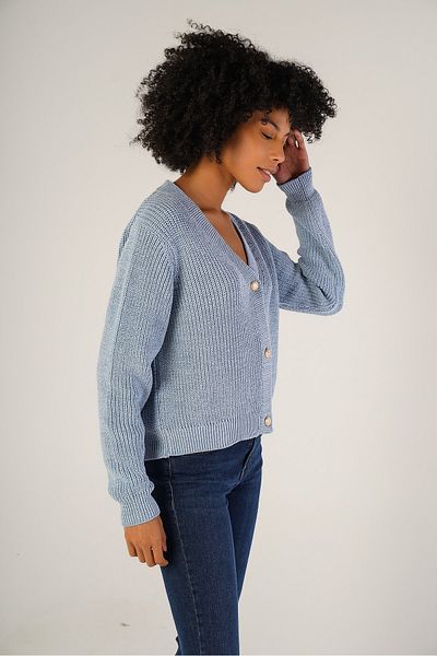 Trist Star Cardigan albastru pentru femei Thessaloniki, tricotat cu decolteu în V, 100% bumbac