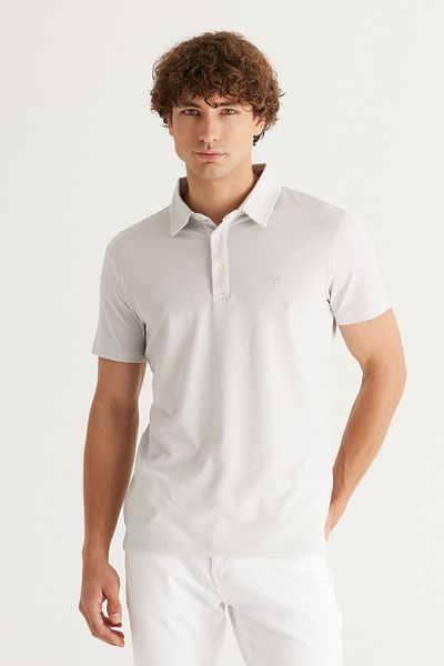 AC&Co / Altınyıldız Classics Grau-weißes, leicht zu bügelndes, schmal geschnittenes Jacquard-T-Shirt mit Polokragen und schmaler Passform für Herren