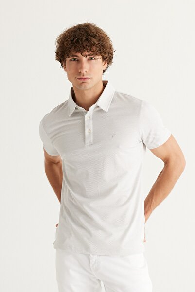 AC&Co / Altınyıldız Classics Pánské šedo-bílé žakárové tričko Slim Fit úzkého střihu s krátkým rukávem a krátkým rukávem