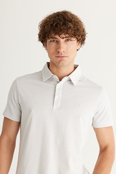 AC&Co / Altınyıldız Classics Pánské šedo-bílé žakárové tričko Slim Fit úzkého střihu s krátkým rukávem a krátkým rukávem