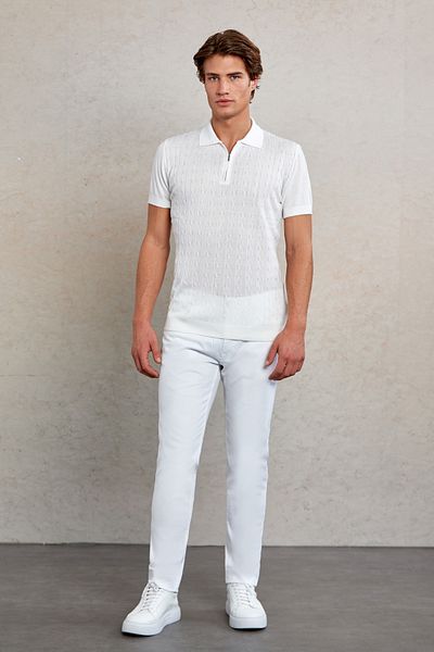 Hatemoğlu Λευκό Slim Fit Πλεκτό μπλουζάκι με φερμουάρ Jacquard Polo γιακά