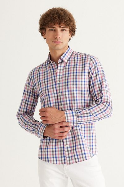 AC&Co / Altınyıldız Classics Men's White-Navy Blue Slim Fit Narrow Cut Button Collar Cotton Checked Shirt