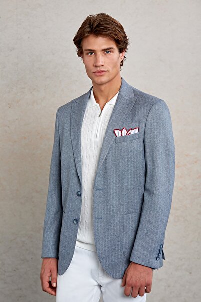 Hatemoğlu Lacivert Slim Fit Çizgili Sivri Yaka Casual Ceket