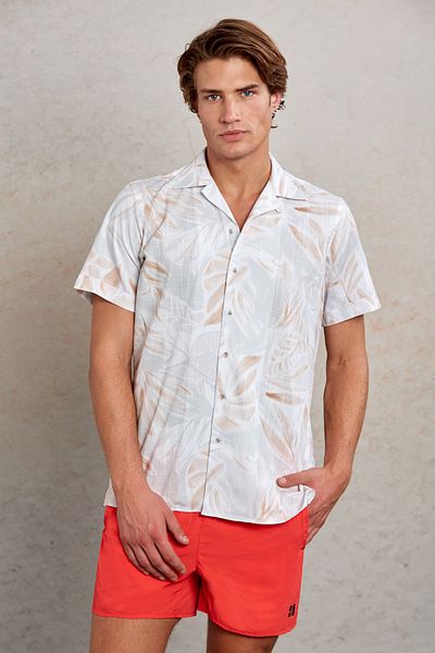 Hatemoğlu Gray Comfort Fit Printed 100% Cotton Apache Collar Short Sleeve Shirt