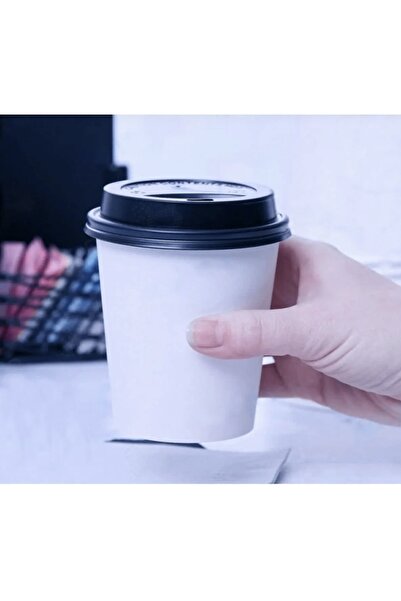 Miopack 8 oz Kalın Siyah Kapaklı Karton Kağıt Bardak 8 oz Ekstra Kalın 230 ml...