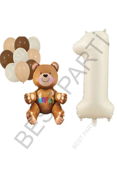 BEST PARTİ DOĞUM GÜNÜ PARTİ SÜSLERİ Beige Number Bear Foil and Latex Balloon Set Age 1