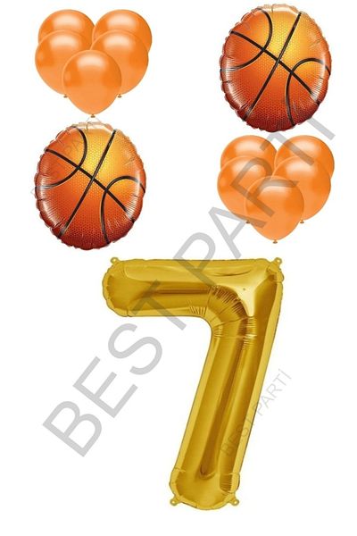 BEST PARTİ DOĞUM GÜNÜ PARTİ SÜSLERİ Basketball Ball and Gold Color Number Foil and Latex Balloon Set Age 7