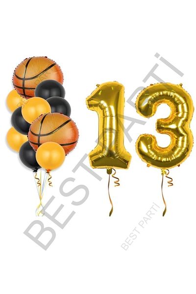 BEST PARTİ DOĞUM GÜNÜ PARTİ SÜSLERİ Gold Color Number Basketball Ball Foil and Latex Balloon Set Age 13