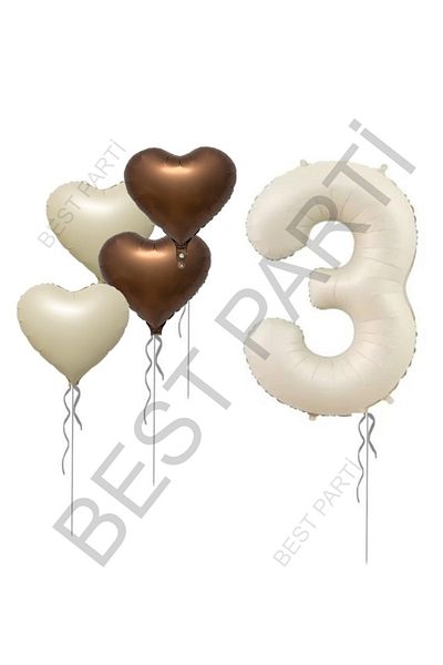 BEST PARTİ DOĞUM GÜNÜ PARTİ SÜSLERİ Beige Number and Heart Foil Balloon Set Age 3