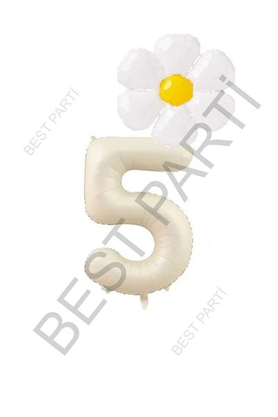 BEST PARTİ DOĞUM GÜNÜ PARTİ SÜSLERİ Beige Number and White Daisy Foil Balloon Set Age 5