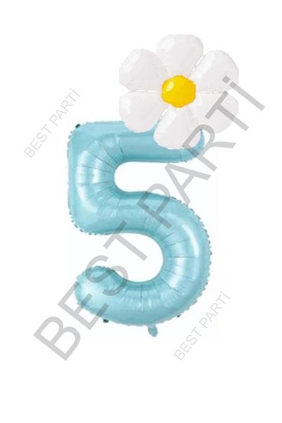 BEST PARTİ DOĞUM GÜNÜ PARTİ SÜSLERİ Blue Number and White Daisy Foil Balloon Set Age 5