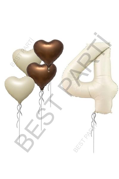BEST PARTİ DOĞUM GÜNÜ PARTİ SÜSLERİ Beige Number and Heart Foil Balloon Set Age 4
