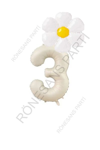 RÖNESANS PARTİ Beige Number and White Daisy Foil Balloon Set Age 3