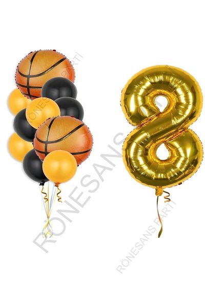 RÖNESANS PARTİ Gold Color Number Basketball Ball Foil and Latex Balloon Set Age 8