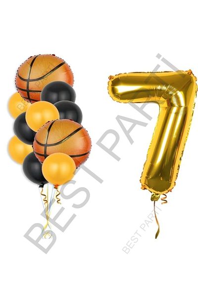 BEST PARTİ DOĞUM GÜNÜ PARTİ SÜSLERİ Gold Color Number Basketball Ball Foil and Latex Balloon Set Age 7