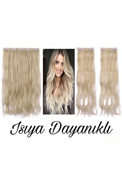 AKOLİFE Küllü Sarı Yarım Ay Postiş Set ( Yarım Ay + 2 Yan Çıt Çıt ) Isıya Dayanıklı Naturel Saç