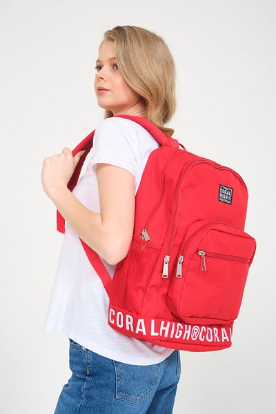 Coral High Red Embroidery Logo Four Compartment USB Backpack 24103