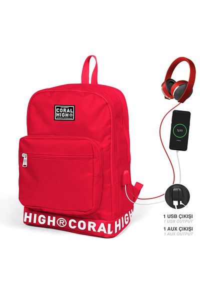 Coral High Red Embroidery Logo Four Compartment USB Backpack 24103