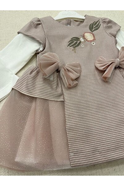 Babydola kız bebek elbise kazayağı desenli tül detaylı