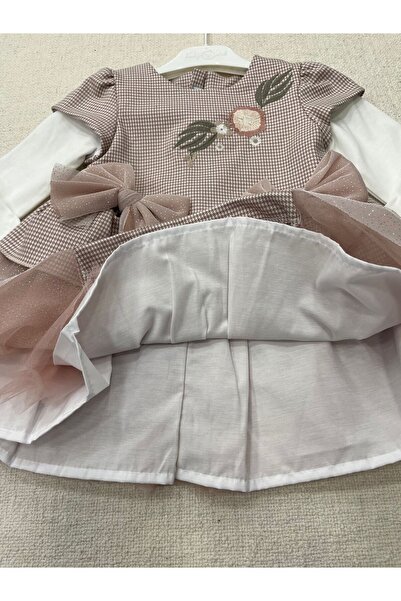 Babydola kız bebek elbise kazayağı desenli tül detaylı