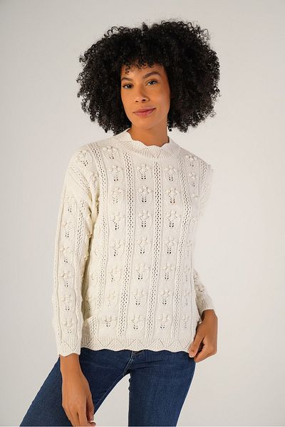 Trist Star Bone Women's Pom Pom Patterned Openwork Crew Neck Wool Sweater