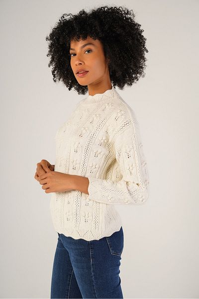 Trist Star Bone Women's Pom Pom Patterned Openwork Crew Neck Wool Sweater
