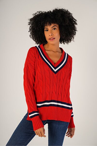 Trist Star Pulover de damă roșu cu decolteu în V cu dungi supradimensionate, ...