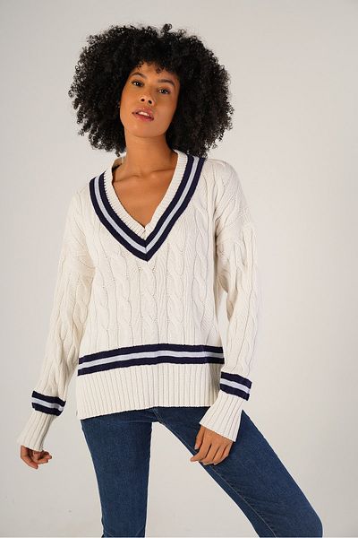 Trist Star Bone Women's V-Neck Striped Slit Oversize 100% Cotton Sweater