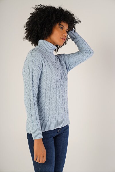 Trist Star Light Blue Women's Hair Braided Turtleneck Wool Sweater