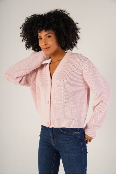 Trist Star سترة نسائية وردية محبوكة برقبة على شكل حرف V مصنوعة من القطن بنسبة 100%