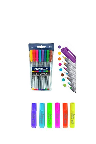 Siriderya 8 Colors Ballpoint Pen and 6 Colors Highlighter Vibrant Colors