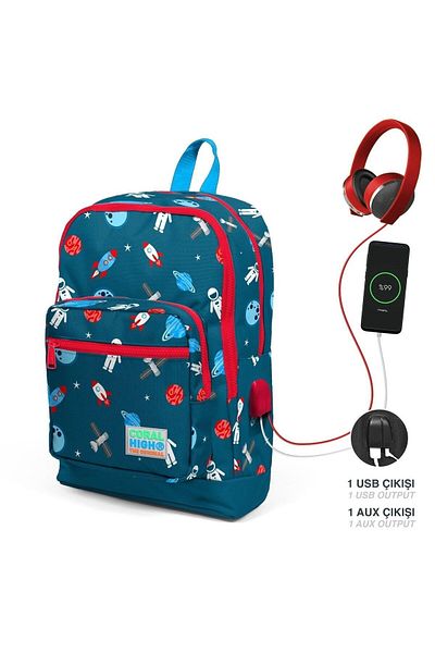 Coral High Set ghiozdan și cutie de prânz - Astronaut albastru bleumarin pentru băiat - cu priză USB