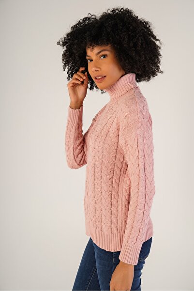 Trist Star Pembe Kadın Saç Örgülü Balıkçı Yaka Yün Kazak