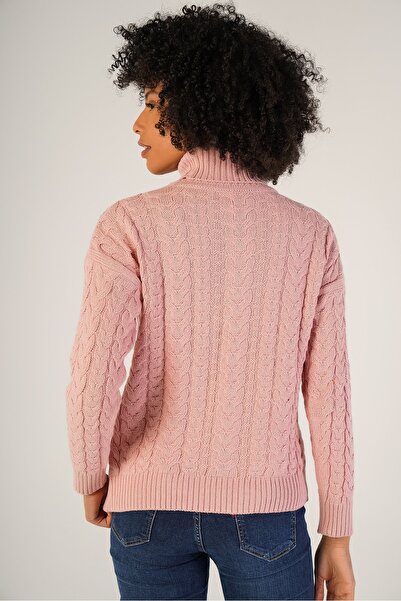 Trist Star Pembe Kadın Saç Örgülü Balıkçı Yaka Yün Kazak