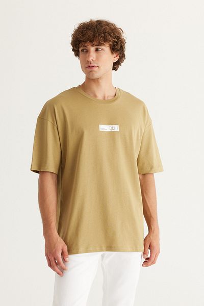 AC&Co / Altınyıldız Classics Men's Oil Green Oversize Loose Cut Crew Neck 100% Cotton Printed T-Shirt