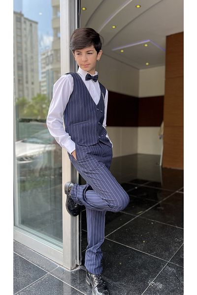WENA KİDS Children's Vest Suit Shirt Set STRIPED NAVY BLUE