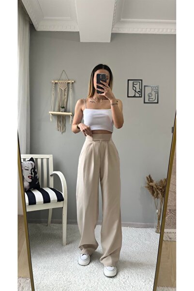 asur boutique Asur Butik Kadın Yüksek Bel Cırt Cırtlı Palazo Pantolon