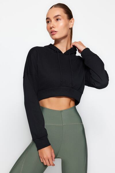 Trendyol Collection Černá Crop Hooded Fleece uvnitř pletená sportovní mikina TWOAW21SW0662