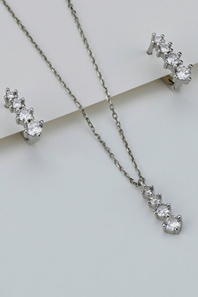 Şimal Silver 925 Ayar Gümüş Pırlanta Model Kolye Küpe Seti