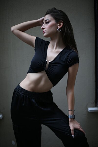 Reyon Kadın Ekru Sandy Kumaş Tokalı Crop Top