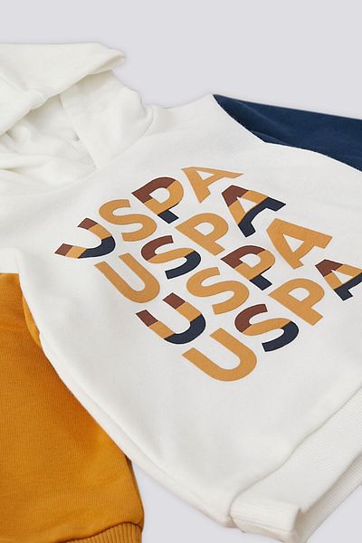 U.S. Polo Assn. طقم أطفال بغطاء للرأس بطبعة US Polo Assn Cream Uspa مكون من قطعتين