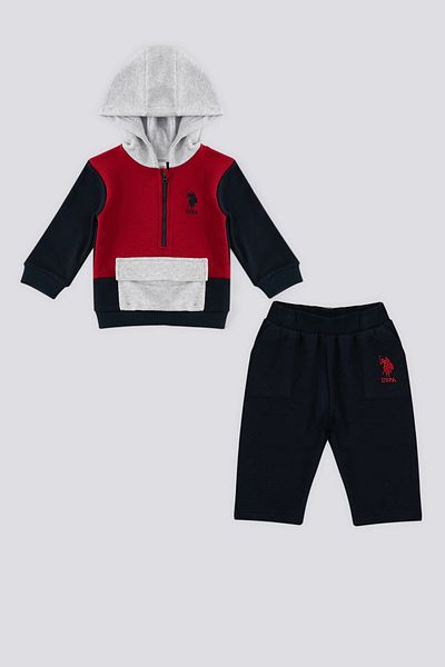 U.S. Polo Assn. U.S. Polo Assn Red Hooded Zipper Collar Detail Baby 2 Piece Set
