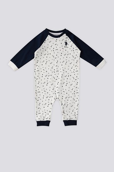 U.S. Polo Assn. US Polo Assn Patterned Snap Collar Detail Cream Baby Jumpsuit
