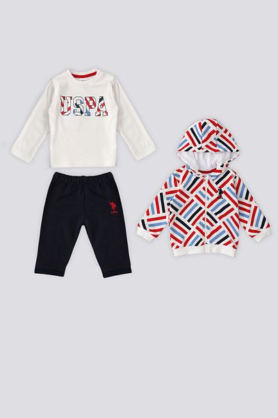 U.S. Polo Assn. طقم أطفال مكون من 3 قطع بتفاصيل مخططة كريمية من يو اس بولو أسن