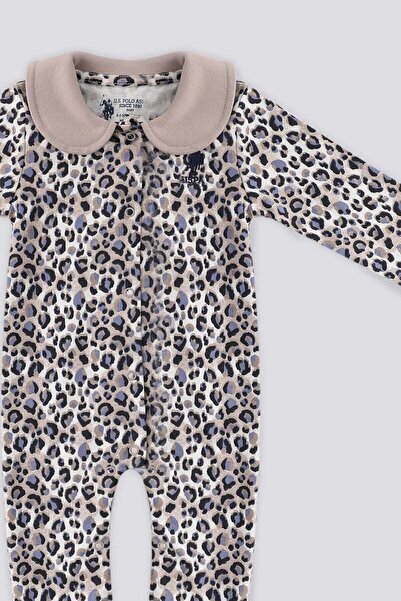 U.S. Polo Assn. US Polo Assn Cream Leopard Pattern Front Snap Detail Baby Jumpsuit