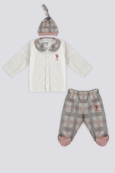 U.S. Polo Assn. U.S. Polo Assn Cream Plaid Detail Baby Set 3 piese